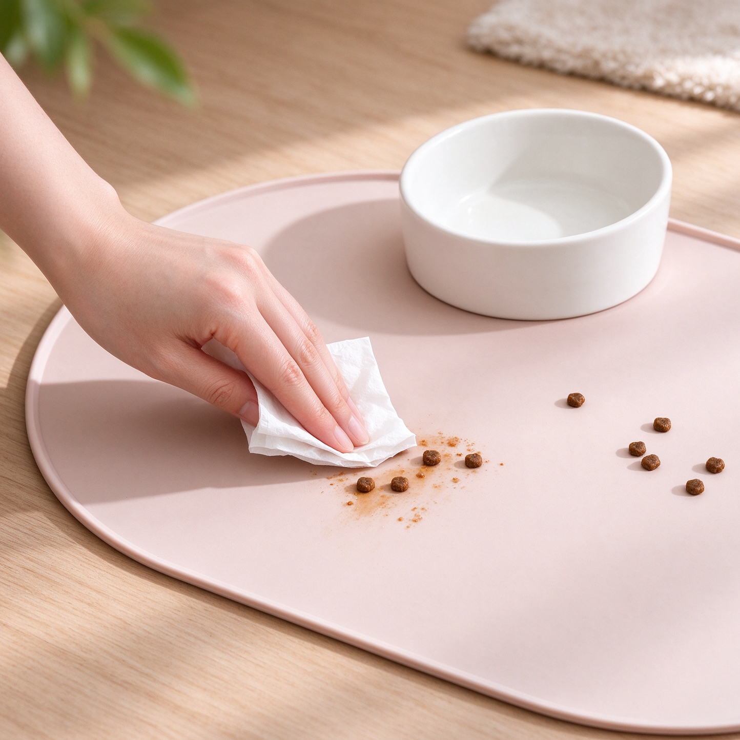 ands wiping spilled pet kibble off pastel pink silicone pet feeding mat, easy to clean for cat dog food bowl
