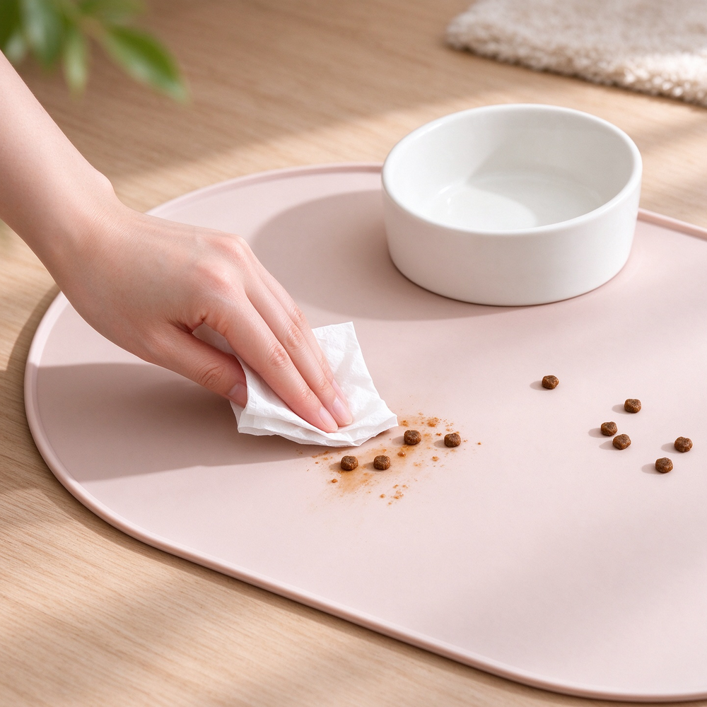 ands wiping spilled pet kibble off pastel pink silicone pet feeding mat, easy to clean for cat dog food bowl