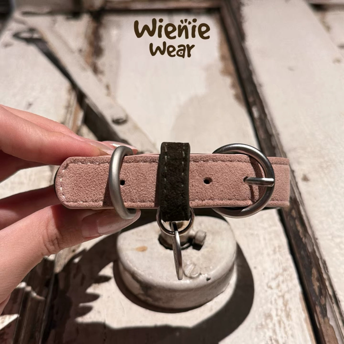 Soft blush pink suede dog collar, adjustable pin buckle, durable genuine leather for sighthounds