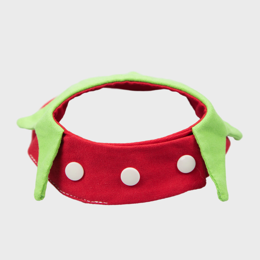 Flat lay of strawberry Cute Fruit Cartoon Pet Bandana, red strawberry pet bandana with white dot print