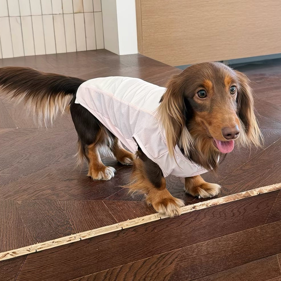 sun-protection-dog-cooling-vest-pink, Dog wearing pink breathable sun protection dog cooling tank top for summer