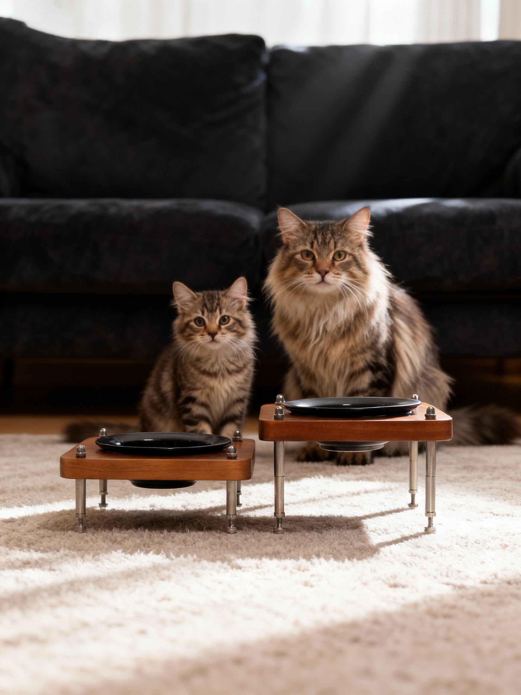 Two fluffy cats next to different‑size elevated walnut pet bowl stands, size comparison lifestyle photo