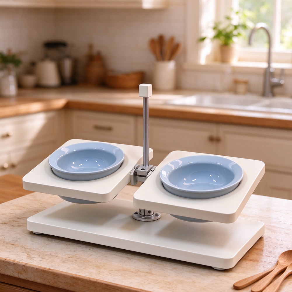 Off white elevated dog feeder light blue bowls in bright warm kitchen near window