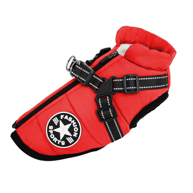 Red windproof dog jacket showing winter coat design and leash attachment