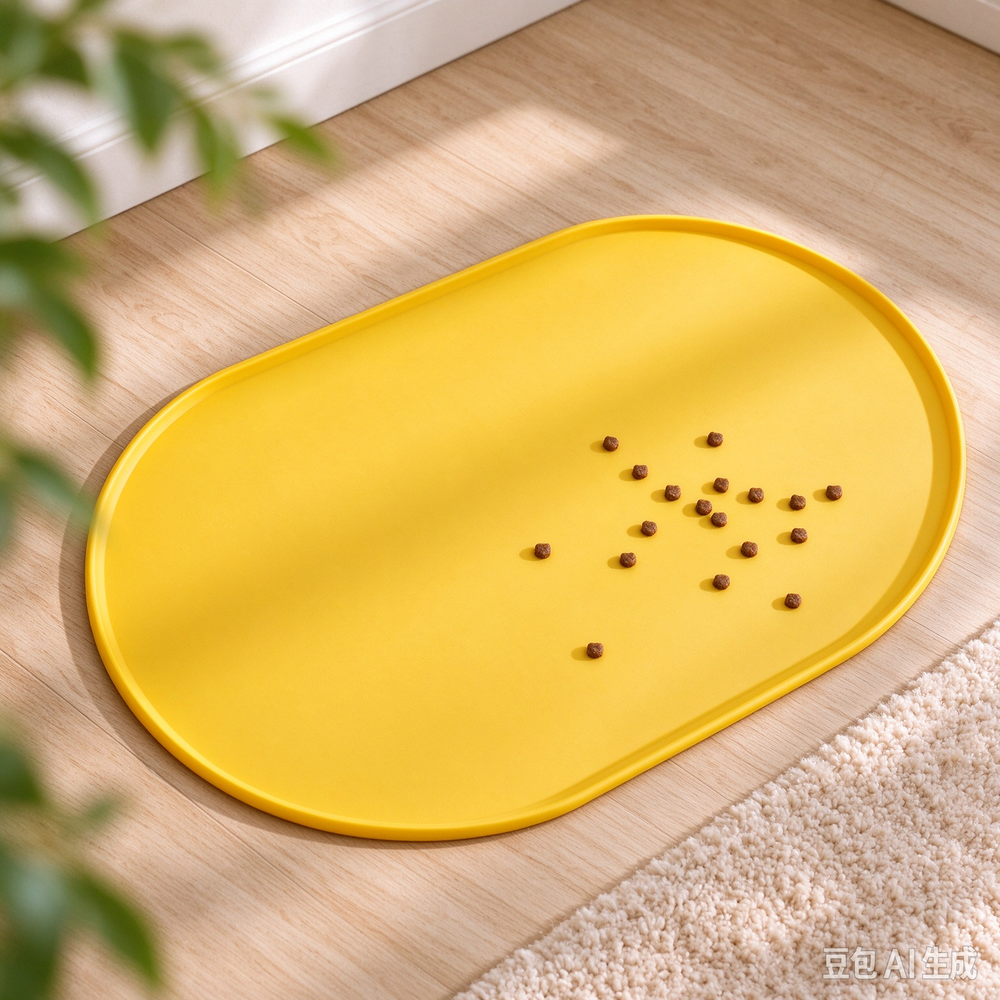 Yellow silicone pet feeding mat with scattered dog kibble